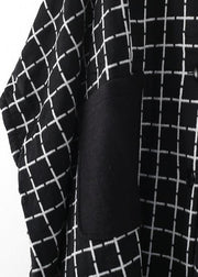 Fashion casual maxi coat outwear black white plaid lapel pockets Woolen Coats - SooLinen
