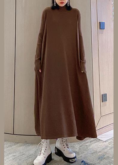 Fashion chocolate Sweater dresses Refashion high neck large hem Mujer fall knitwear - SooLinen