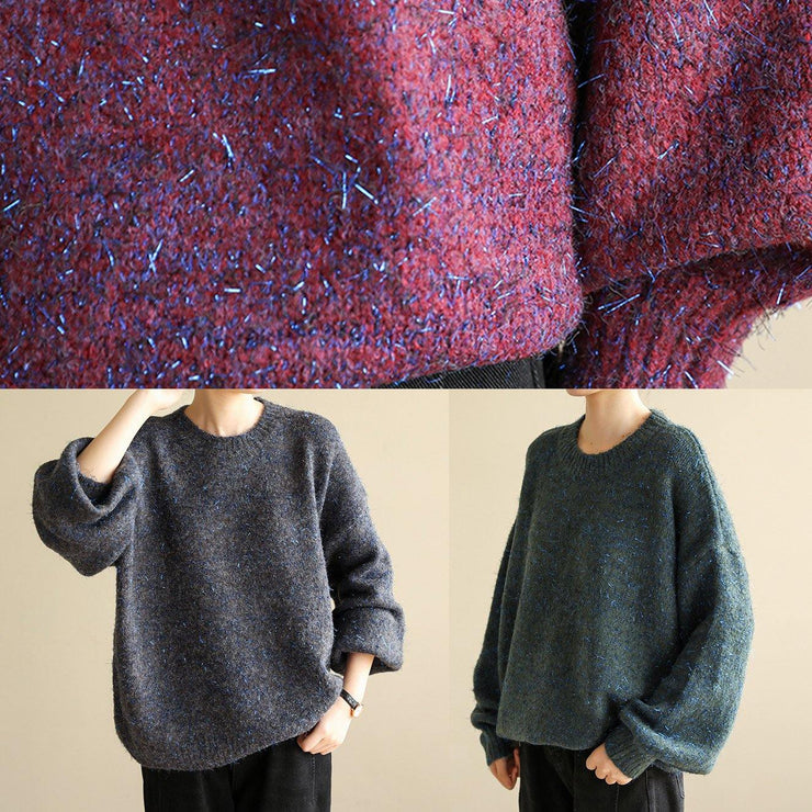 Fashion dark black gray knit tops long sleeve casual o neck knitwear - SooLinen
