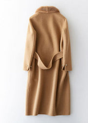 Fashion khaki woolen coats casual winter coat fur collar jackets tie waist - SooLinen