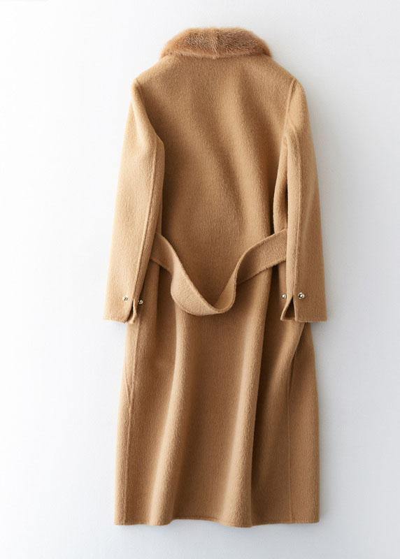 Fashion khaki woolen coats casual winter coat fur collar jackets tie waist - SooLinen