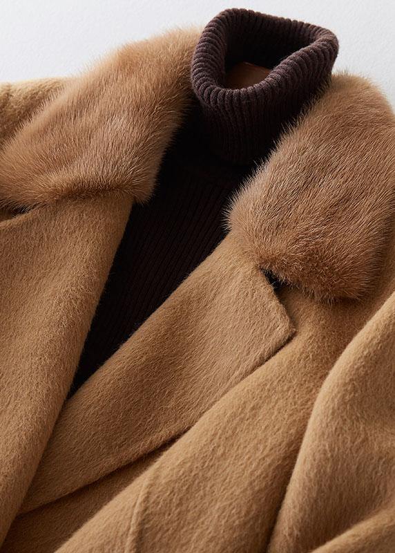 Fashion khaki woolen coats casual winter coat fur collar jackets tie waist - SooLinen