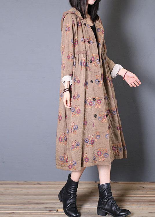 Fashion oversized coat fall khaki print hooded Cinched Coats - SooLinen