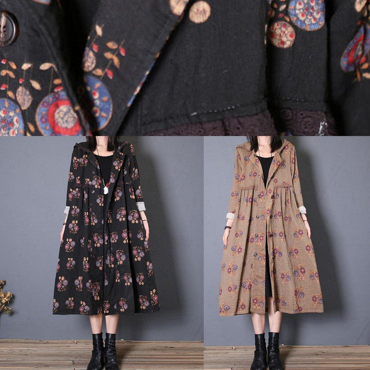 Fashion oversized coat fall khaki print hooded Cinched Coats - SooLinen