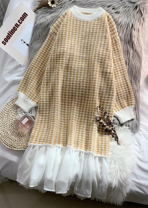 Fashion patchwork Sweater outfits Design cute Mujer o neck knit dress - SooLinen