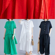 Fashion suit irregular short-sleeved shirt + elastic waist straps wide-leg pants silk green summer - SooLinen