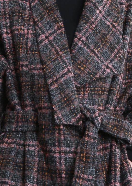 Fashion trendy plus size women coats gray plaid tie waist pockets wool coat - SooLinen