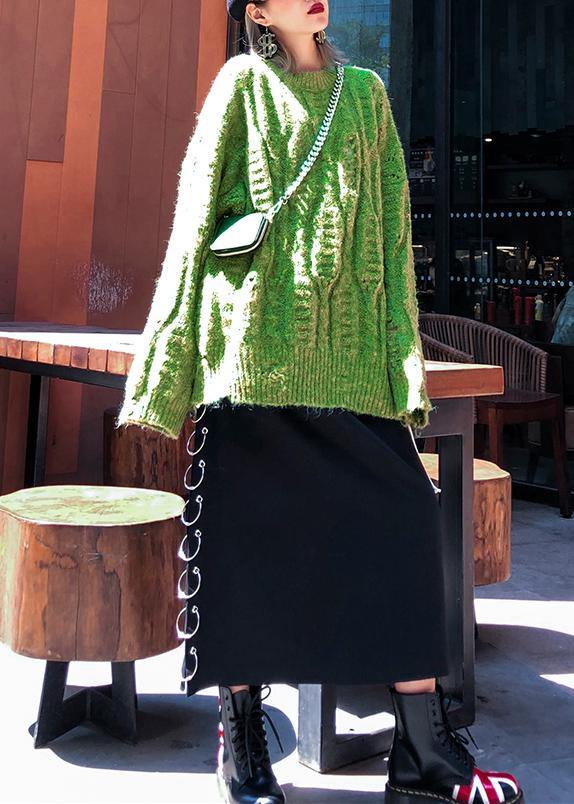 Fashion winter green sweaters plus size o neck patchwork Hole knit blouse - SooLinen