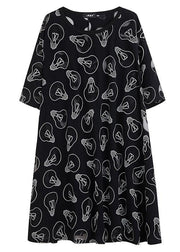 Fine Black O-Neck Loose Summer Jacquard Dresses Half Sleeve - SooLinen