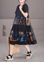 Feines schwarzes Tüll-Patchwork-Print-Partykleid mit kurzen Ärmeln aus Baumwolle mit O-Ausschnitt