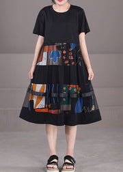 Feines schwarzes Tüll-Patchwork-Print-Partykleid mit kurzen Ärmeln aus Baumwolle mit O-Ausschnitt
