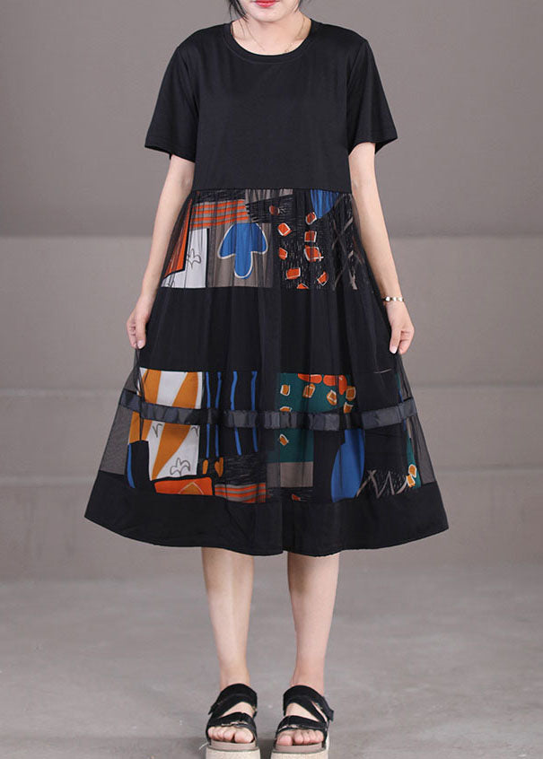 Feines schwarzes Tüll-Patchwork-Print-Partykleid mit kurzen Ärmeln aus Baumwolle mit O-Ausschnitt