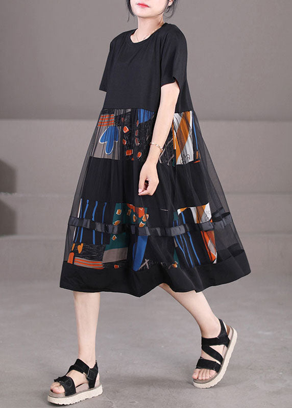Feines schwarzes Tüll-Patchwork-Print-Partykleid mit kurzen Ärmeln aus Baumwolle mit O-Ausschnitt