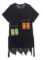 Fine Black Patchwork Lace Pockets Ankle Summer Cotton Dress - SooLinen
