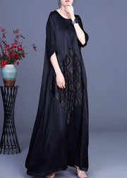 Fine Black Patchwork Print O-Neck Silk Summer Dresses - SooLinen