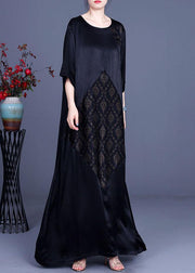 Fine Black Patchwork Print O-Neck Silk Summer Dresses - SooLinen