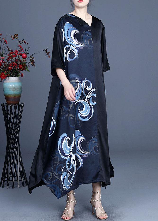 Fine Blue V Neck Asymmetrical Design Summer Silk  Ankle Dress - SooLinen