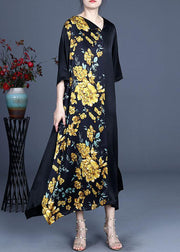 Fine Blue V Neck Asymmetrical Design Summer Silk  Ankle Dress - SooLinen