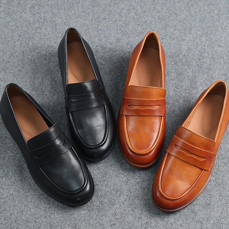 Fine Embossed Flat Shoes Black Cowhide Leather - SooLinen