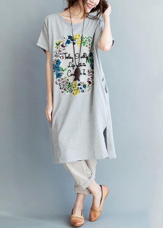 Fine Gray Side Open Letter O Neck Holiday Cotton Dress - SooLinen