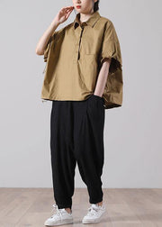 Fine Khaki Pockets Cotton Tops Short Sleeve - SooLinen