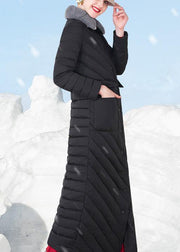 Fine Loose fitting snow jackets rabbit wool collar overcoat black big pockets down jacket woman - SooLinen