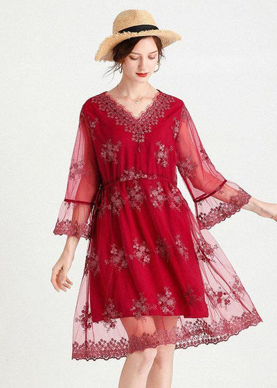 Fine Mulberry V Neck Jacquard Spring Three Quarter Sleeve Dress - SooLinen