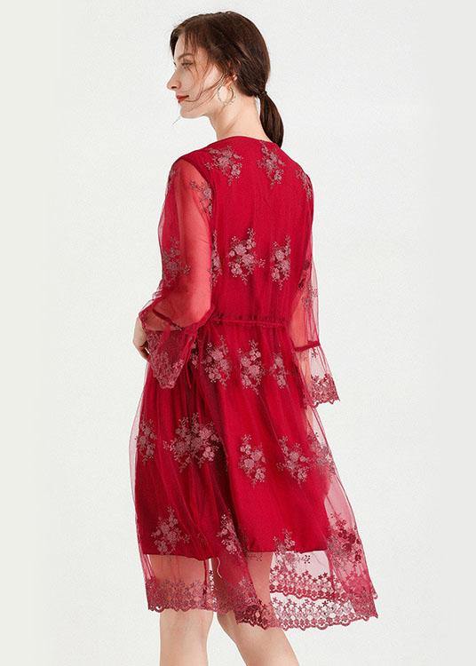 Fine Mulberry V Neck Jacquard Spring Three Quarter Sleeve Dress - SooLinen