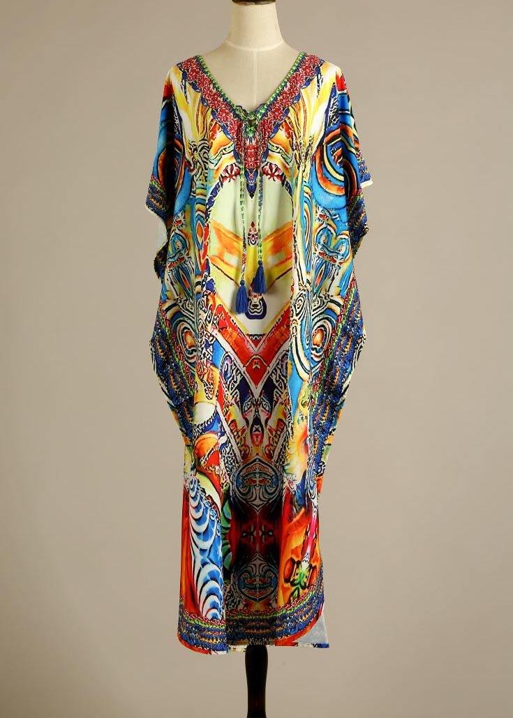Fine Print tie Chiffon Loose kimono robe Maxi Dress - SooLinen
