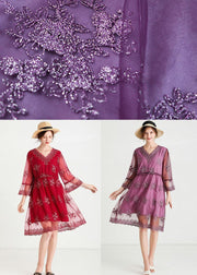Fine Purple Tulle Embroideried Patchwork Spring Flare Sleeve Dress - SooLinen