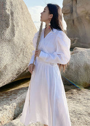 Fine White Puff Sleeve Pockets Cotton Dress Spring