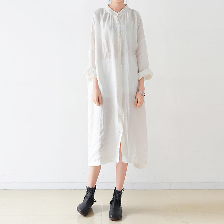 Fine White linen shirt dresses plus size women dress 2025 autumn
