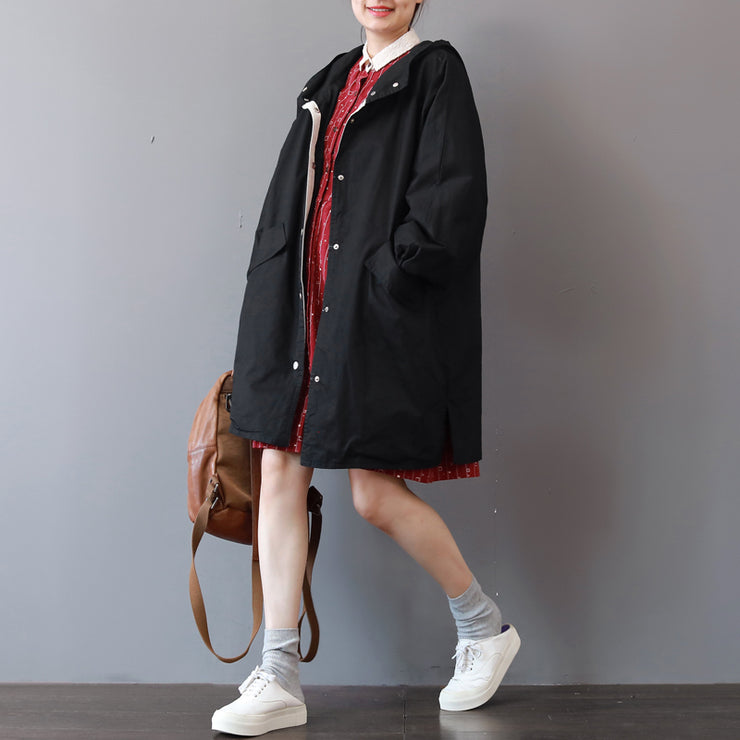 Feiner schwarzer Wintermantel Locker sitzender Kapuzenmantel Boutique lange Jacken mit großen Taschen