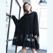 Feines schwarzes Kniekleid aus Baumwollmischung Locker sitzendes Patchwork Feines Tüllkleid aus Baumwollmischung