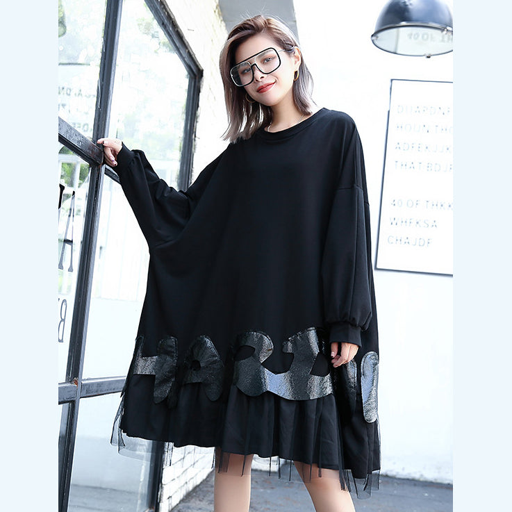 Feines schwarzes Kniekleid aus Baumwollmischung Locker sitzendes Patchwork Feines Tüllkleid aus Baumwollmischung