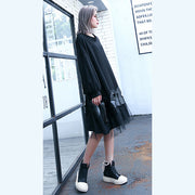 Feines schwarzes Kniekleid aus Baumwollmischung Locker sitzendes Patchwork Feines Tüllkleid aus Baumwollmischung