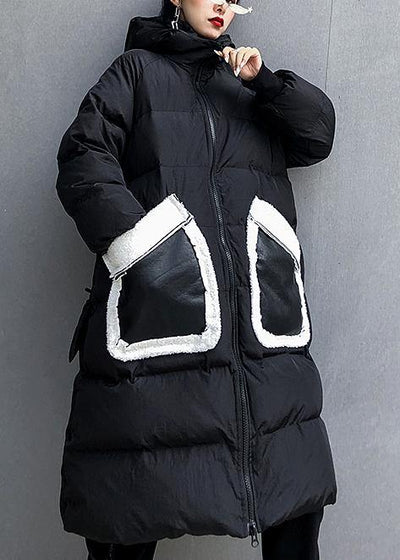Fine black print Parkas for women Loose fitting winter jacket hooded patchwork overcoat - SooLinen