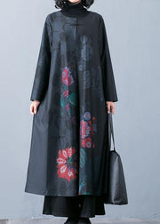 Fine black prints overcoat trendy plus size long jackets fall trench coats Chinese Button - SooLinen