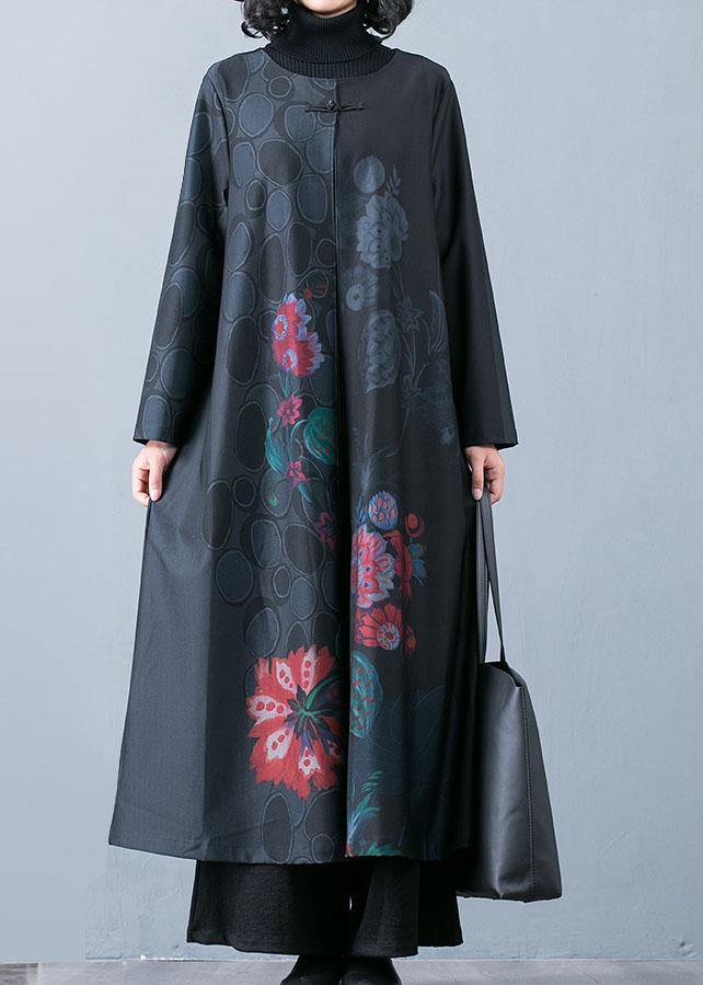 Fine black prints overcoat trendy plus size long jackets fall trench coats Chinese Button - SooLinen