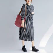 Fine black striped natural cotton linen shirt dress plus size Turn-down Collar side open Fine long sleeve pockets maxi shirt dresses