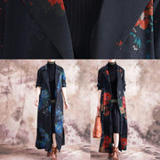 Fine blue prints Coats Loose fitting trench coats fall outwear lapel collar - SooLinen