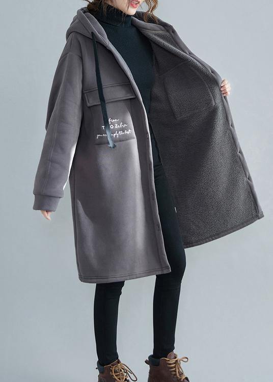 Fine gray embroidery women parka oversize winter jacket hooded pockets outwear - SooLinen