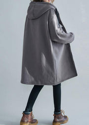 Fine gray embroidery women parka oversize winter jacket hooded pockets outwear - SooLinen