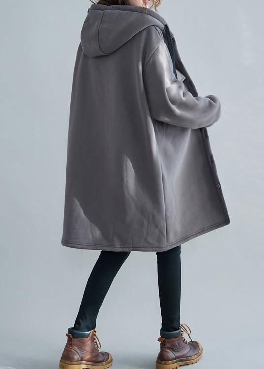 Fine gray embroidery women parka oversize winter jacket hooded pockets outwear - SooLinen