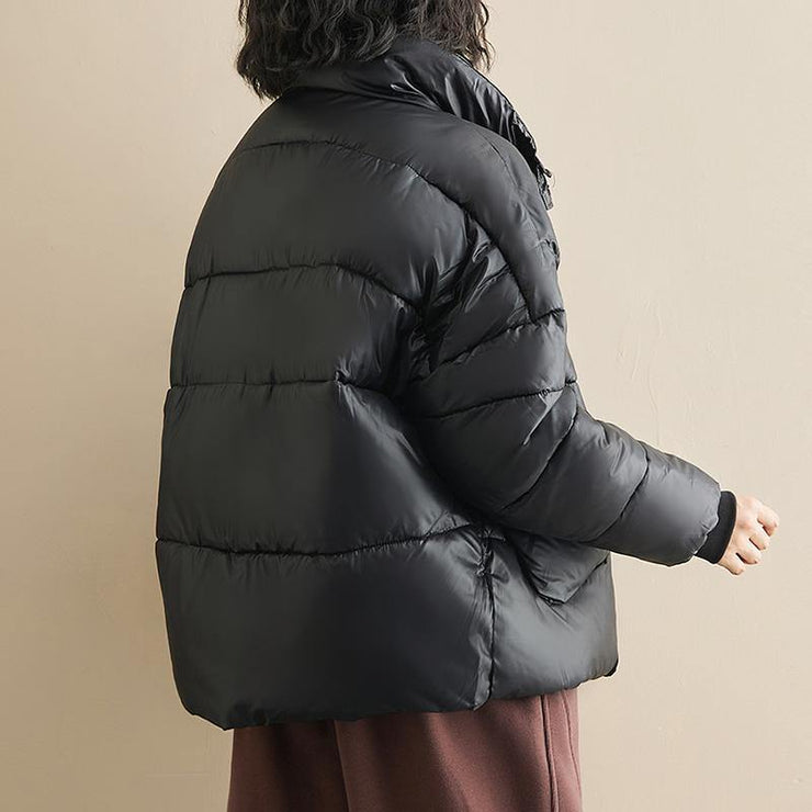 Fine oversize winter outwear black patchwork stand collar warm coat - SooLinen