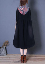 Fine oversized maxi coat fall black patchwork hooded coats - SooLinen