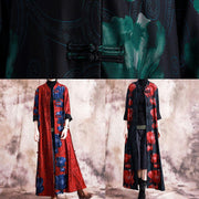 Fine plus size clothing long coats fall red patchwork blue print Chinese Button coat for women - SooLinen