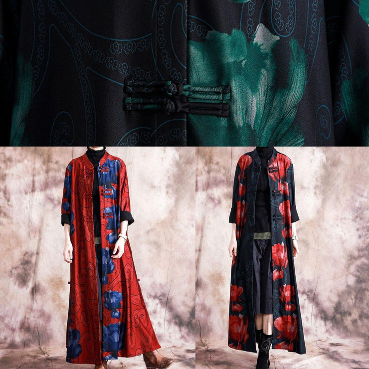 Fine plus size clothing long coats fall red patchwork blue print Chinese Button coat for women - SooLinen