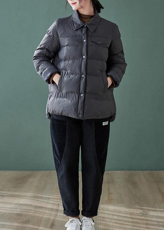 Fine plus size down jacket coats black lapel pockets casual outfit - SooLinen
