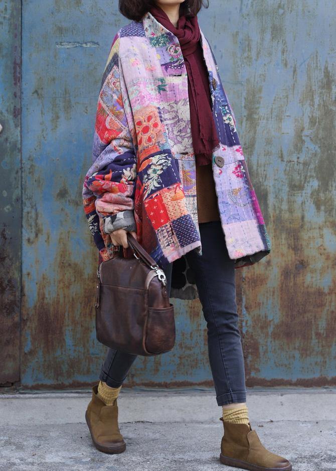 Fine plus size snow jackets prints overcoat patchwork color v neck womens coats - SooLinen